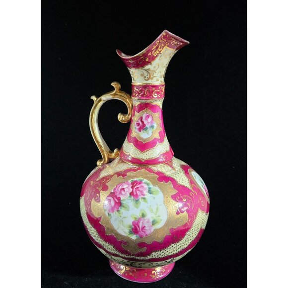 Antique Victorian Style Hand-Painted Porcelain Pitcher, Vase W/ Gold Gilding & F - Picture 5 of 10